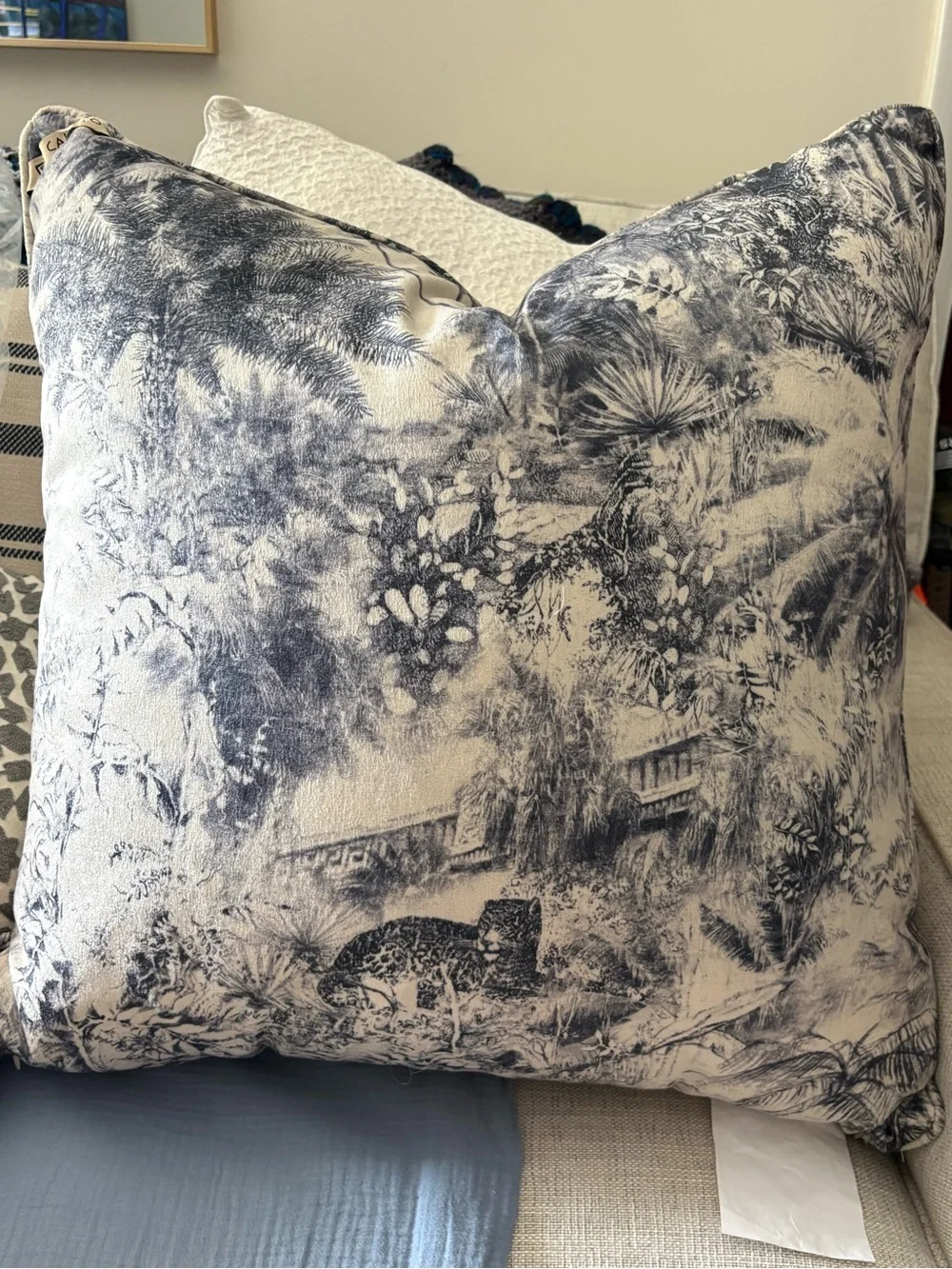 Callisto Home Decorative Blue and Cream Velvet Throw Pillow